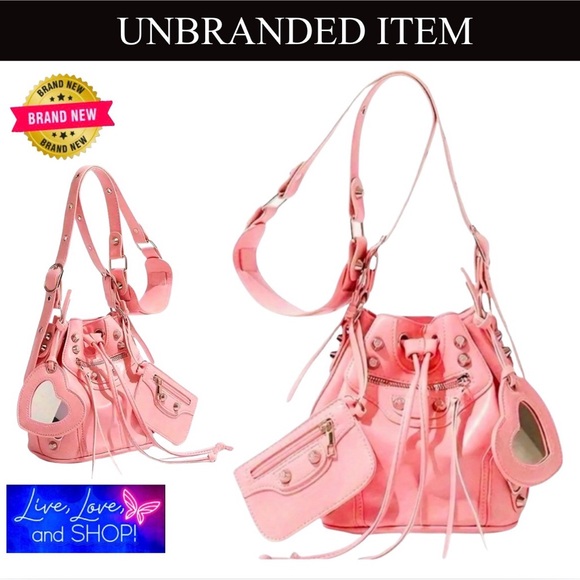 Handbags - Pink Rivet Pleather Bucket Bag w/Shoulder Strap, Pouch, & ❤️ Shaped Mirror, NWOT